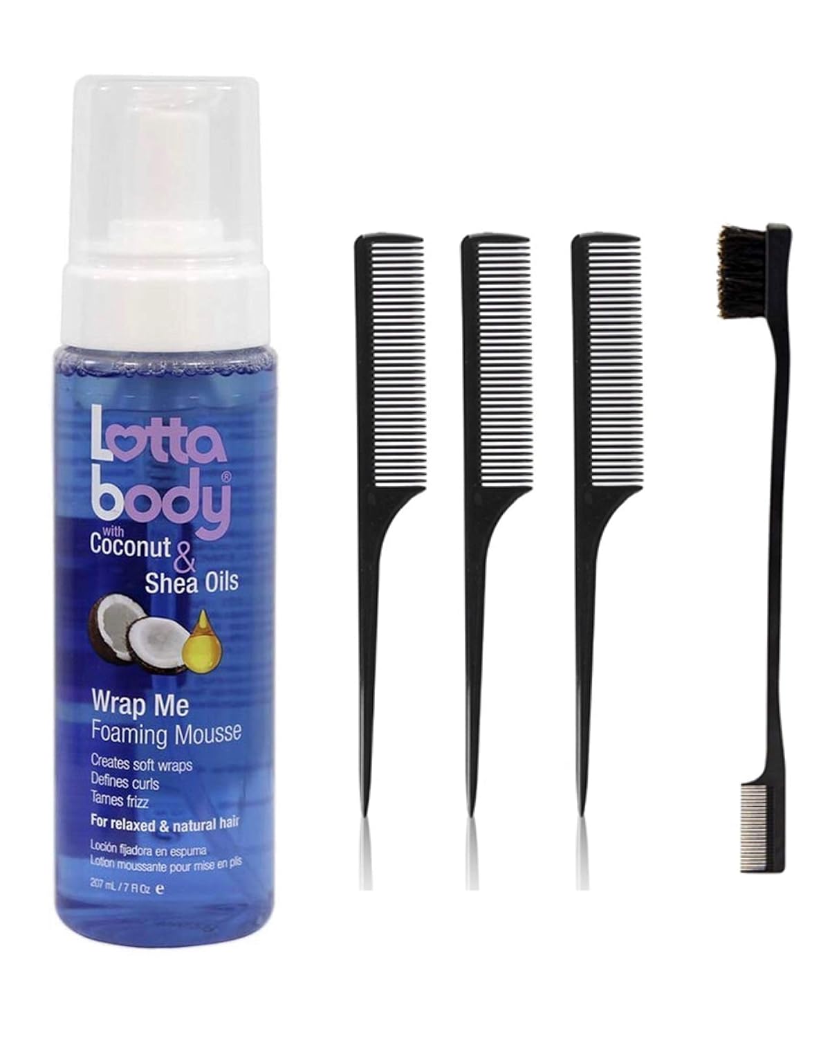 Lotta Body Wrap Me Foaming Mousse with Coconut and Shea Oil, 7 Ounce (Including Double Sided Edge Control Hair Brush & 3 pc Rat Tail Comb Set) Foam Mousse & Hair Styling Tools Kit : Beauty