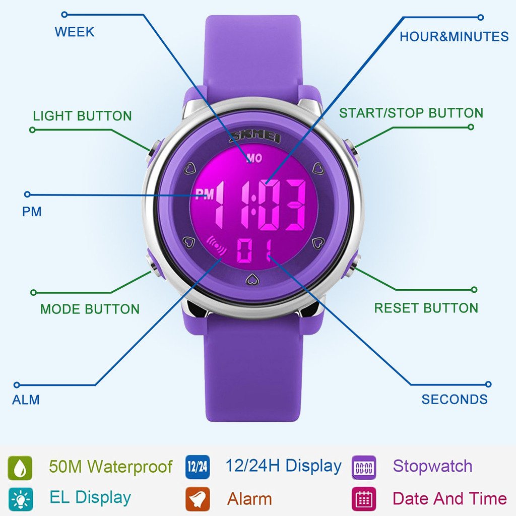 My-Watch Girls Digital Watch Sport Waterproof Kids Outdoor Stopwatch LED Luminescent Wrist Watches