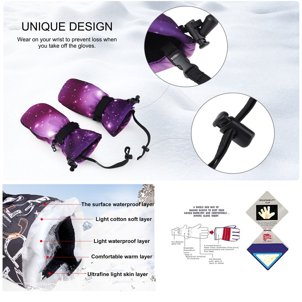 Vbiger Ski Gloves Cycling Mittens Waterproof Winter Warm Gloves (Star Pattern, L)