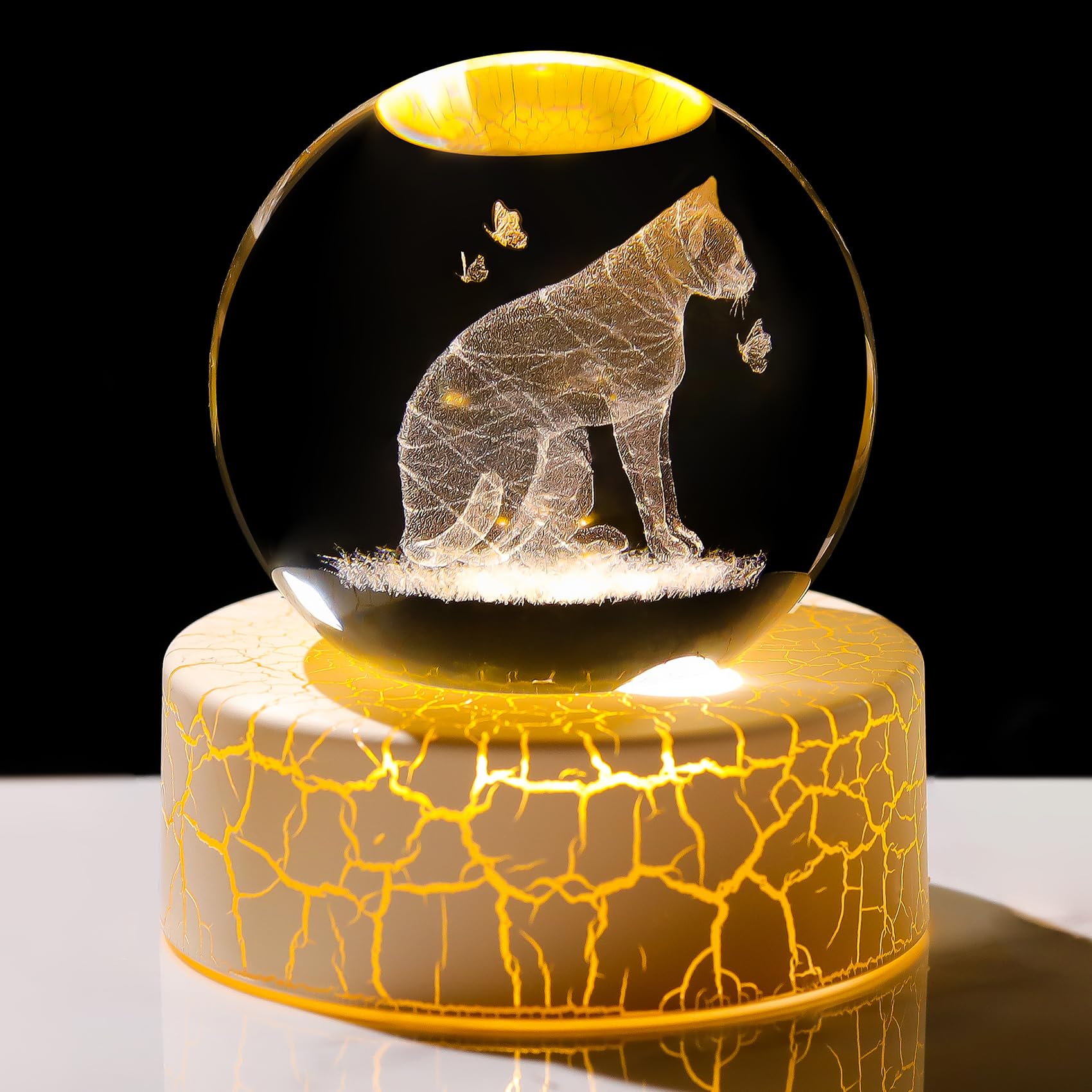 2.36in. 3D Cat with Butterflies Crystal Ball Gifts for Women, Cat Glas Ball Paperweight with LED Light Base for Home Ornament