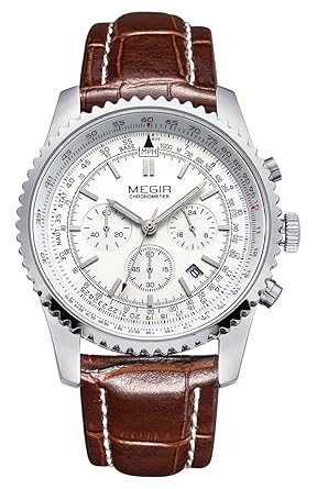 Voeons Mens Watches Chronograph 24 Hour Military Sports Watches 3ATM Waterproof Silver Stainless Steel Wristwatch