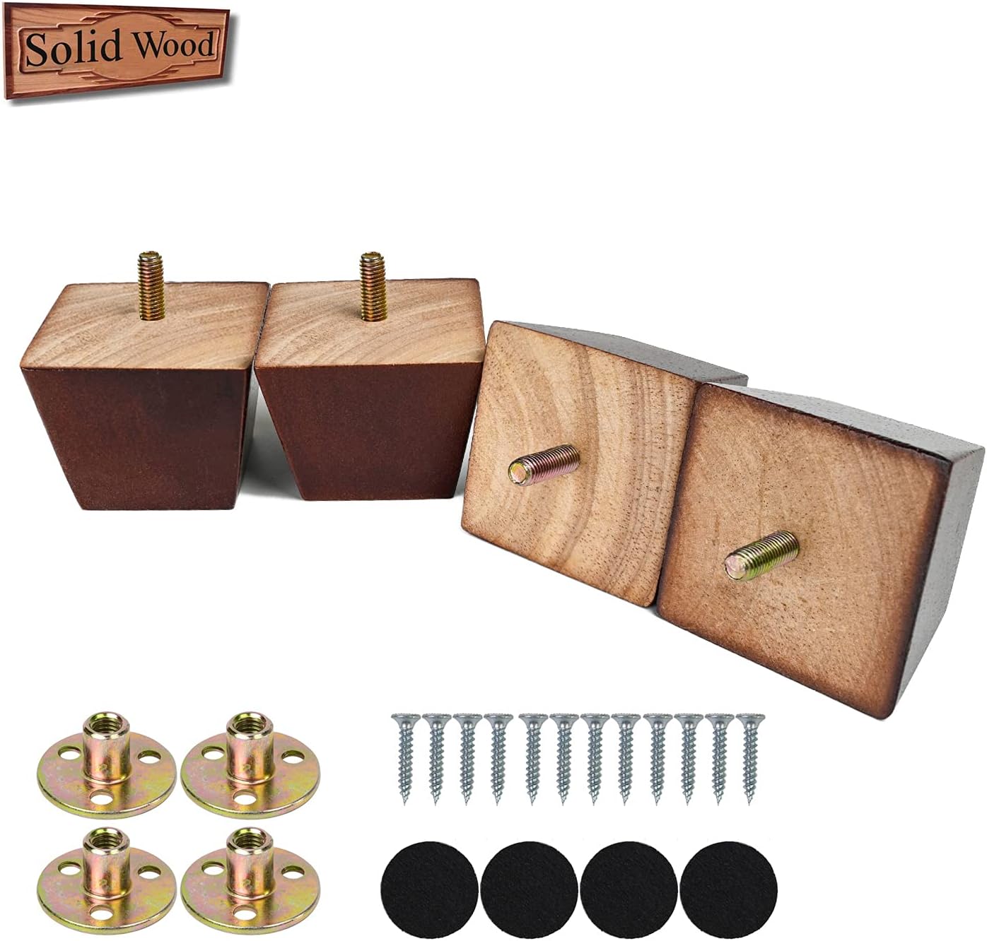 2 inch Sofa Legs Square Furniture Feet Wood Replacement Leg Set of 4 for Bed Couch Armchair Recliner with Pre-Drilled 5/16 Inch Bolt M8 & Mounting Plate & Screws