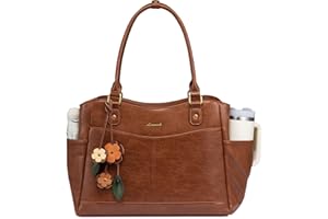 LOVEVOOK Laptop Bag for Women, Leather Vintage Work Tote Bag Computer Office Teacher Bag with Large Cup Holder
