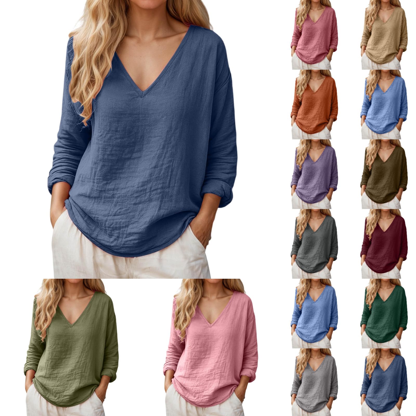 Oversized Linen Shirts for Women, Long Sleeve V Neck Tunic Tops Dressy ...