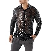 COOLOYA Men's 70s Sparkly Disco Top Shiny Sequin Long Sleeve Retro Button Front Party Shirt Tops