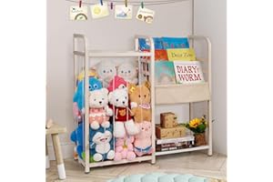 Trycooling Stuffed Animal Storage with Kids Bookshelf Book and Toy Organizer for Kids 3-Tier Bookshelf Organize Books with Elastic Cord Stuffed Animal Holder for Plushie Toys, for Kids Room, Playroom
