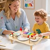 XIAPIA Kids Drum Kit 11 in 1 Wooden Musical Instrument Set Toddler Toys view 2