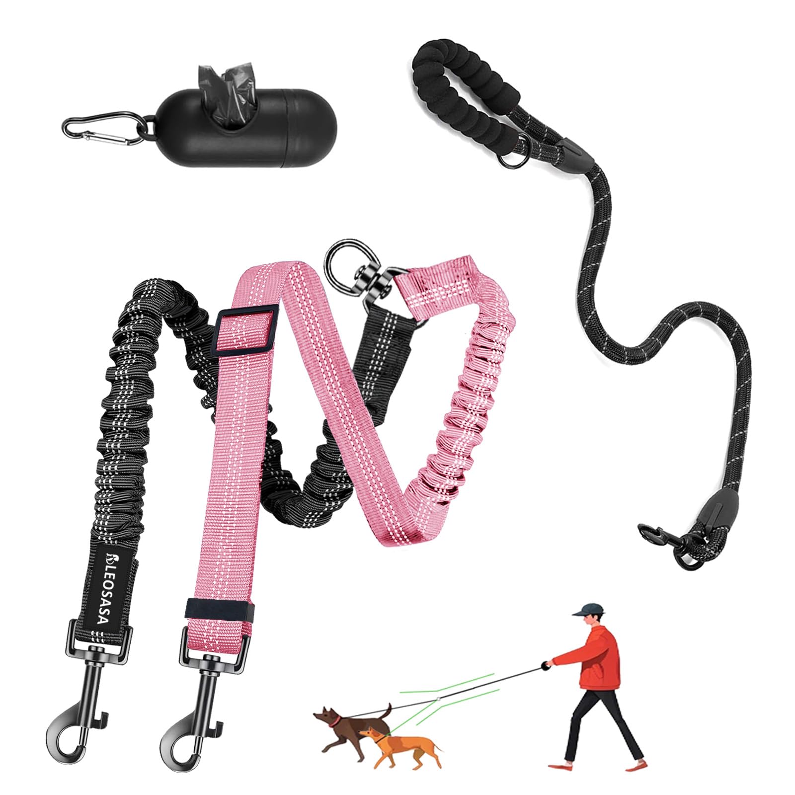 Photo 1 of LEOSASA Double Dog Leash - 360°Swivel Tangle Free Splitter Attachment, 1 Rope with Handle, 2 Dogs Multi-Functional Leash, for Outdoor Walk Train Small Medium Large Two Pet, Pink