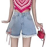 RILGOU Women Y2K Gothic Kawaii Fashion Harajuku Casual Style Straight Leg A Line Vintage Ribbon Lace Trim Jeans Shorts