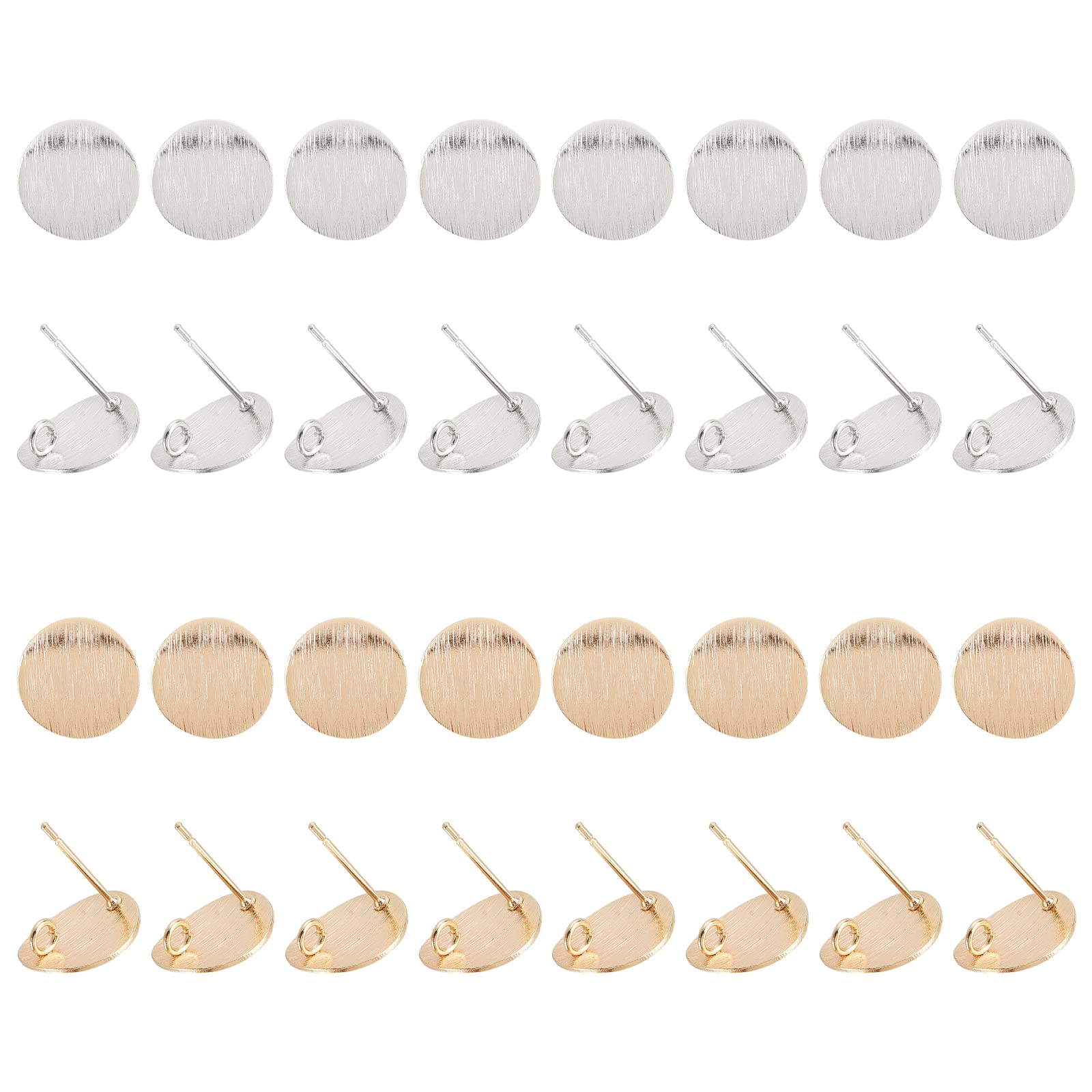 SUPERFINDINGS 32Pcs 2 Colors Brass Stud Earring Findings Flat Round Earring Pin Studs Gold Plated Disc Charms Earring for DIY Earring Making Supplies