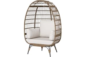 Oversize Wicker Egg Chair with Steel Frame, Egg-Shaped Lounge Chair with Cushions for Patio, Porch, Backyard, Living Room