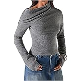 Floerns Women's Asymmetrical Neck Knitted Fall Sweater Long Sleeve Ruched Pullover Tops