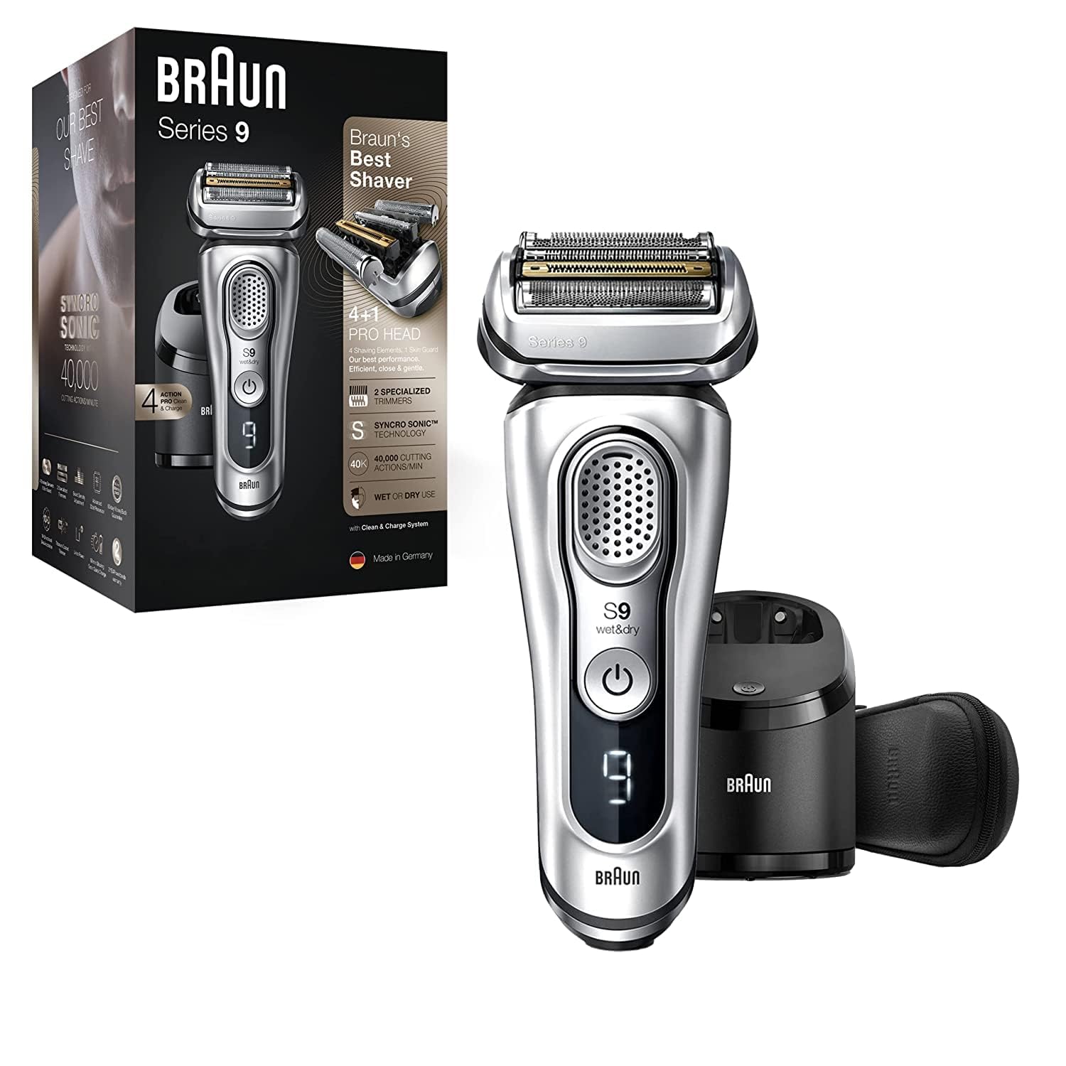 Braun Maquinilla de Afeitar Eléctrica para Hombres, Afeitadora de Lámina Impermeable, Serie 9 9390cc, Afeitado en Seco y Húmedo, con Recortadora de Barba Pop-Up para Aseo, Limpieza y Carga Centro SmartCare y Estuche de Viaje de Cuero, Plata