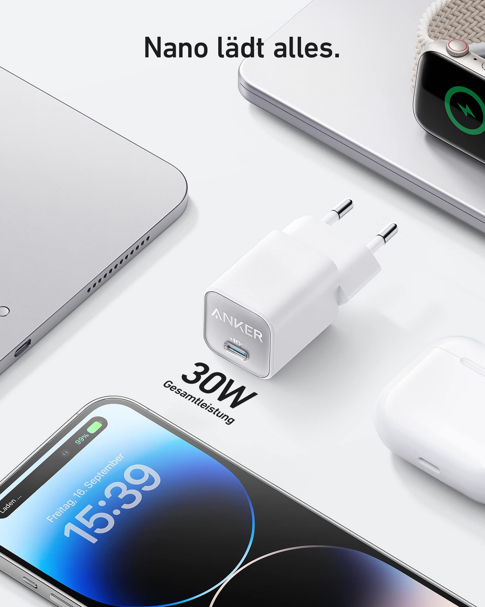 Anker 30W USB C Ladegerät, GaN 511 Nano 3, PIQ 3.0 PPS Schnellladegerät für iPhone 17/Pro/Pro Max/iPhone Air/16/15, Galaxy, Pixel 4/3, iPad (Ohne Ladekabel) 2