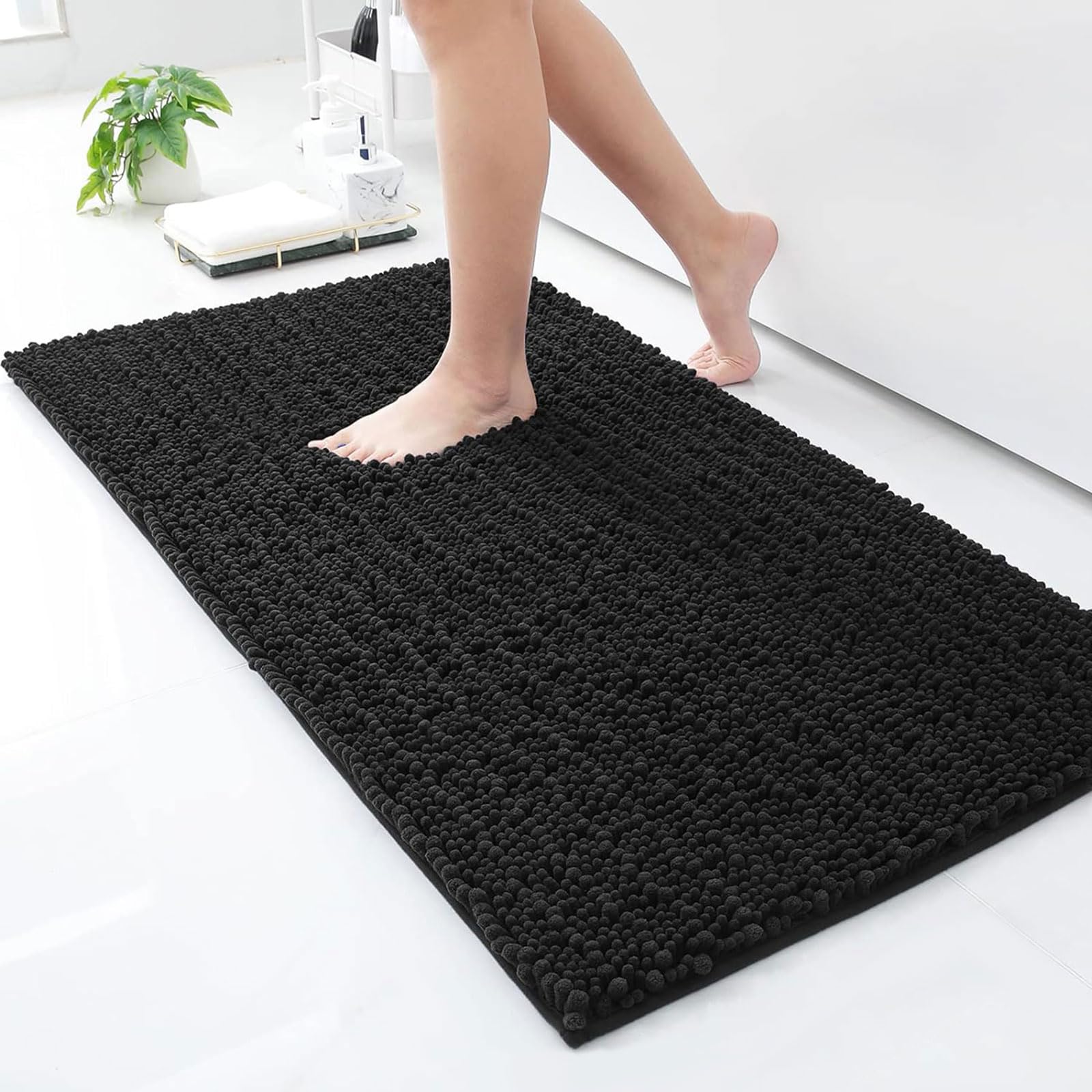 Photo 1 of Arotive Luxury Chenille Bathroom Rug Mat, Extra Soft Thick Absorbent Shaggy Bath Rugs, Non-Slip Machine Wash Dry, Plush Bath Mats for Bathroom, Shower and Tub, 44x24, Black