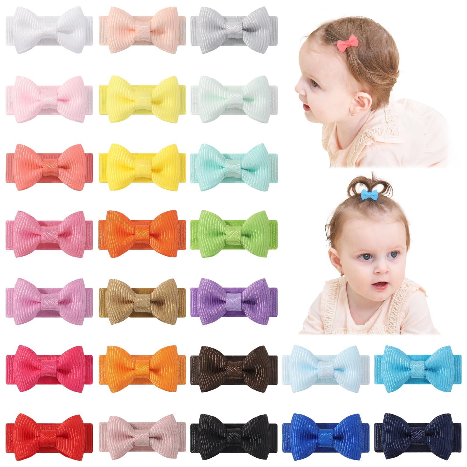 Jollybows 25pcs Baby Girls Hair Bows Clips, 1.2 Inch Small Baby Bows Snap Clips Mini Grosgrain Ribbon Barrettes for Infants Kids Toddlers Fine Hair