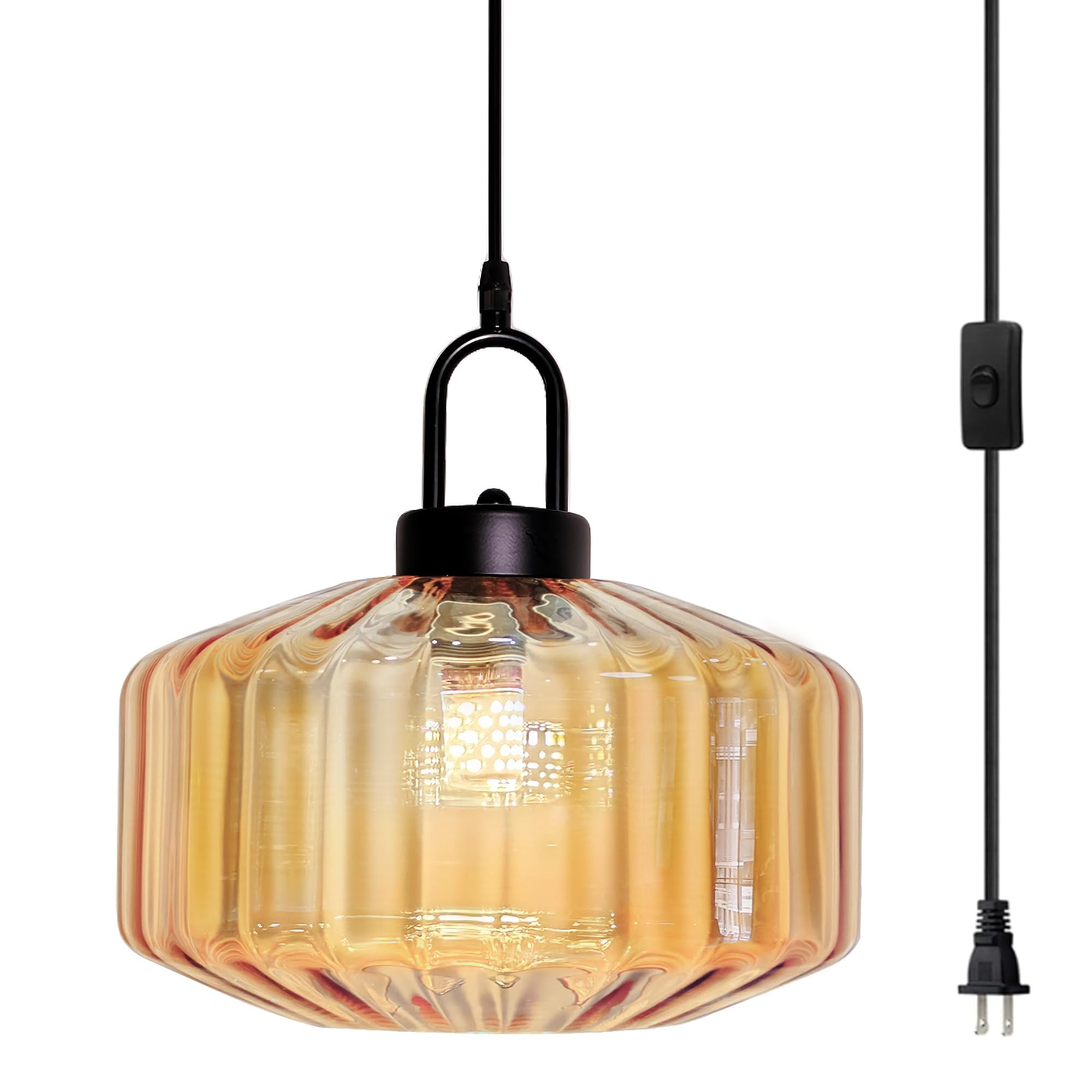 Photo 1 of ***PARTS ONLY***Glass Plug in Pendant Light, Mid Century Hanging Lamp with Plug in Cord Amber Striped Glass Shade Plug in Swag Lighting Fixtures On/Off Switch Hanging Light for Living Room Dining Bedroom Kitchen