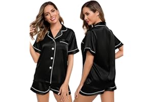 LecGee Womens Silk Satin Pajamas Short Sleeve Loungewear Two-Piece Sleepwear Button-Down Pj Set
