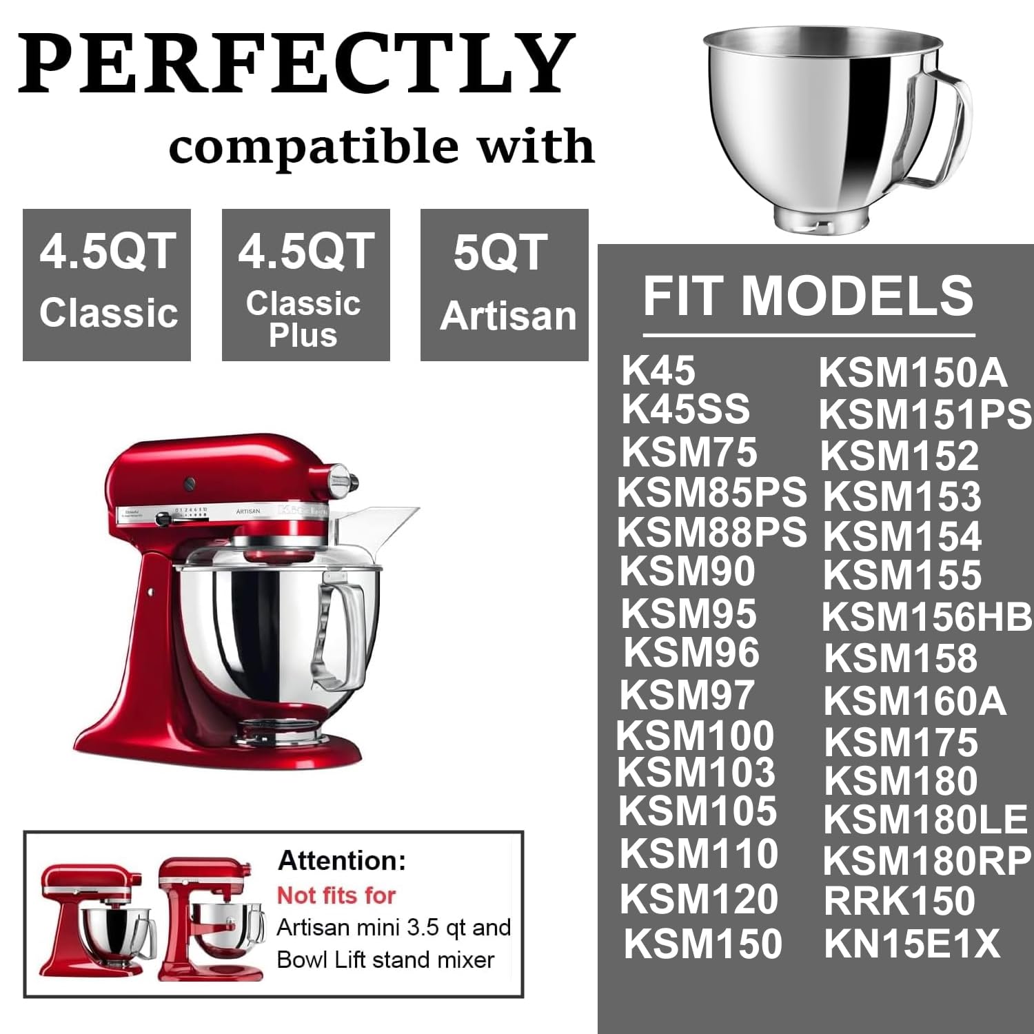Stainless Steel Bowl for KitchenAid 4.5-5QT Tilt-Head Stand Mixer, 5 Quart Mixer Bowl for Kitchen Aid Classic&Artisan Series with Handle, Dishwasher Safe