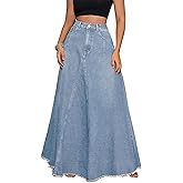 ebossy Women's Retro Distressed High Waist Frayed Hem A Line Wash Maxi Long Denim Skirt with Pockets