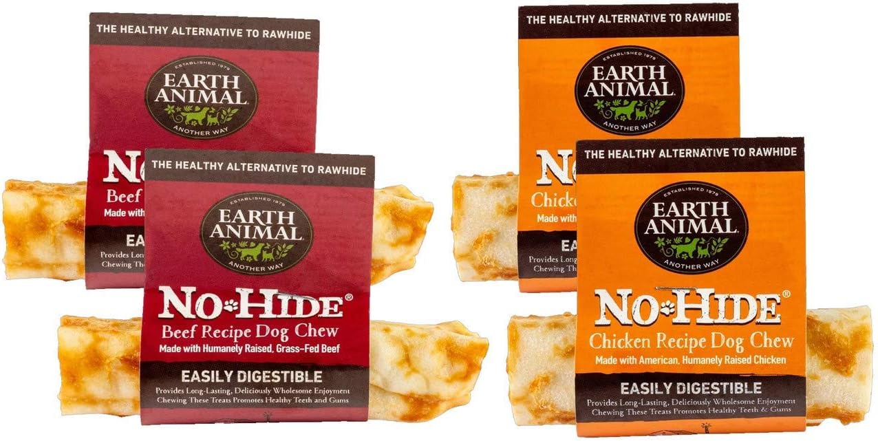 Earth Animal No Hide Raw Hide Dog Chews, Dog Treats 4 Inch 4 Pack, (2) Beef, (2) Chicken. The Safe Alternative to Raw Hide
