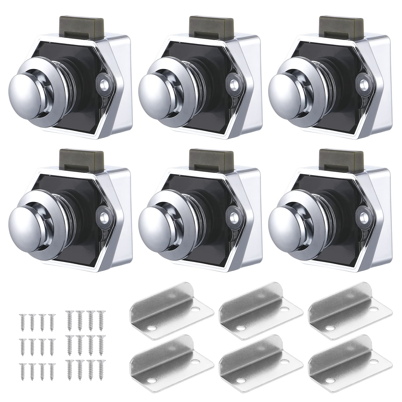 6PCS Push Button Cabinet Latch, Keyless Push Button Lock for RV, Yachts, Boat, Motorhome, Camper, Caravan (Silver)