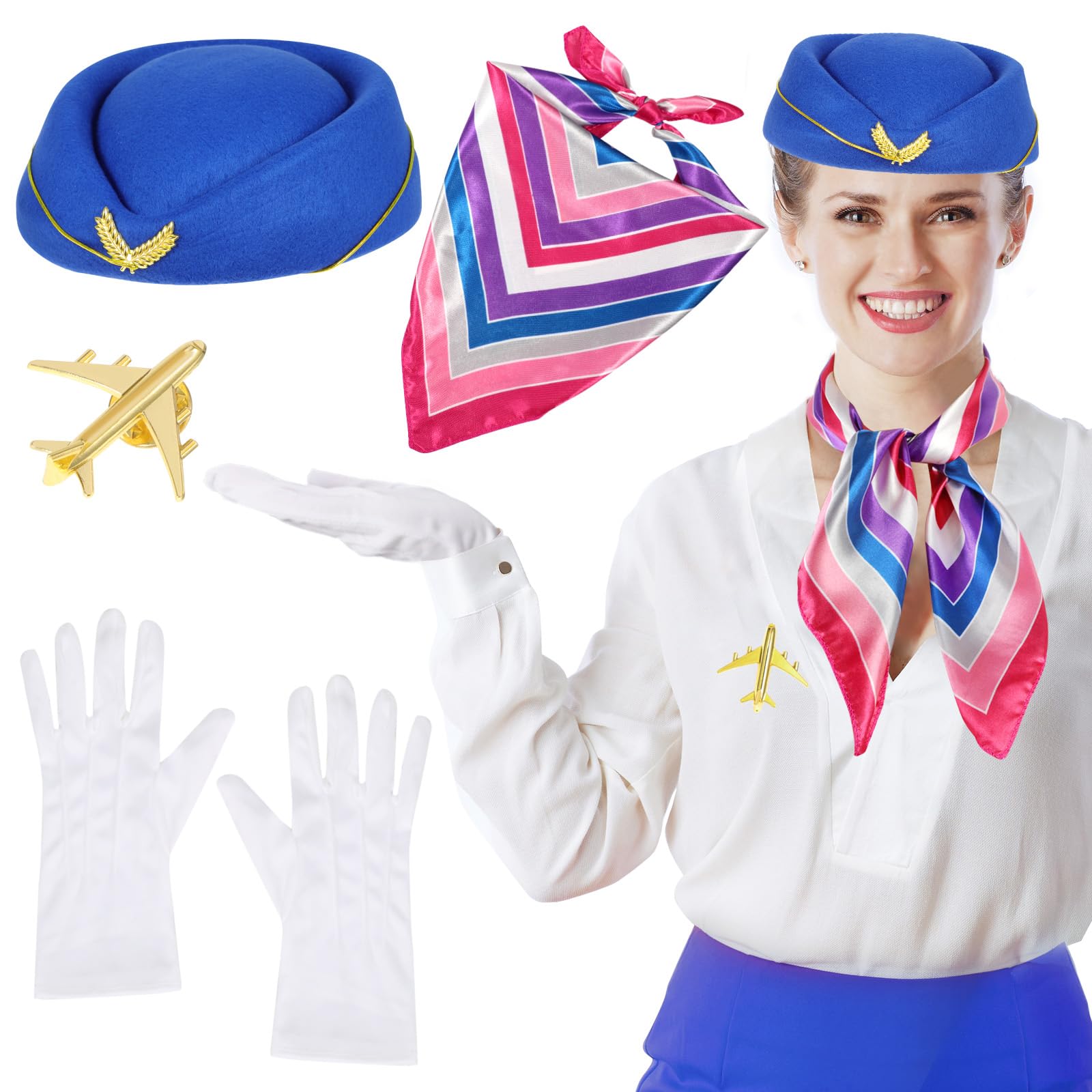 XEPST 4PCS Flight Attendant Costume for Women - Stewardess Costume Accessories Set with Flight Attendant Hat Scarf Gloves Brooch for Women Halloween Costumes Cosplay Carnival Fancy Dress Up,Royal Blue — image 1