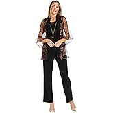 2-Piece Sequin Embellished Sheer Printed Mock Top W/Necklace & Relaxed Fit Pull-On Pants