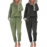 Ekouaer 2 Pack Womens Pajama Sets Long Sleeve Lounge Sets Soft Pj Sleepwear Loungewear