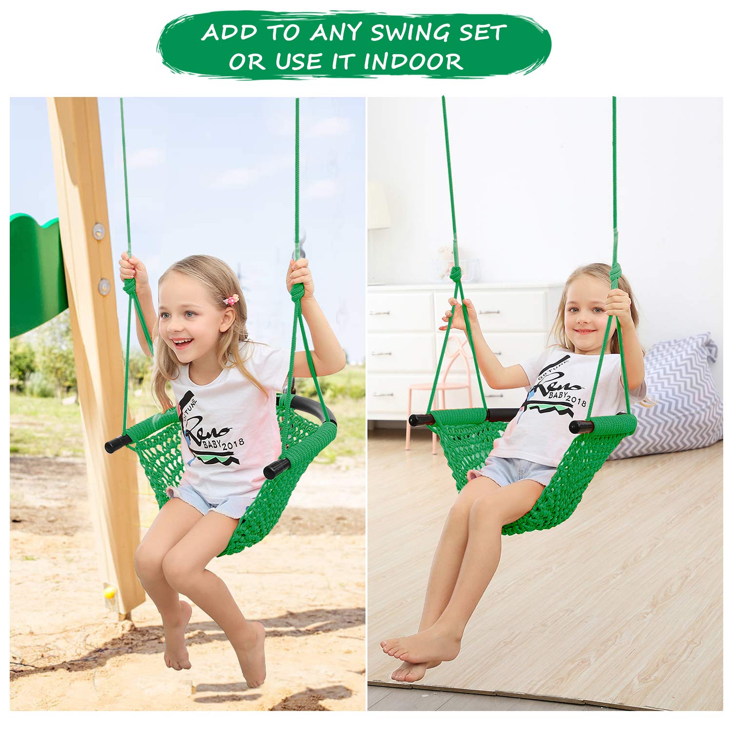 RedSwing Kids Swing seat with Adjustable Ropes, Hand-Knitting Child Swing Seat Great for Tree, Outdoor Indoor, Playground, Backyard, Green