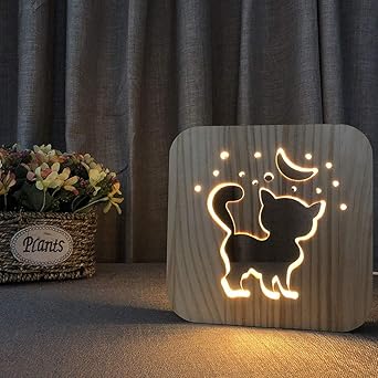Lumieres Sculpture Art Du Bois Chat Lampe De Nuit Led Animale Veilleuse Lampe De Chevet Table