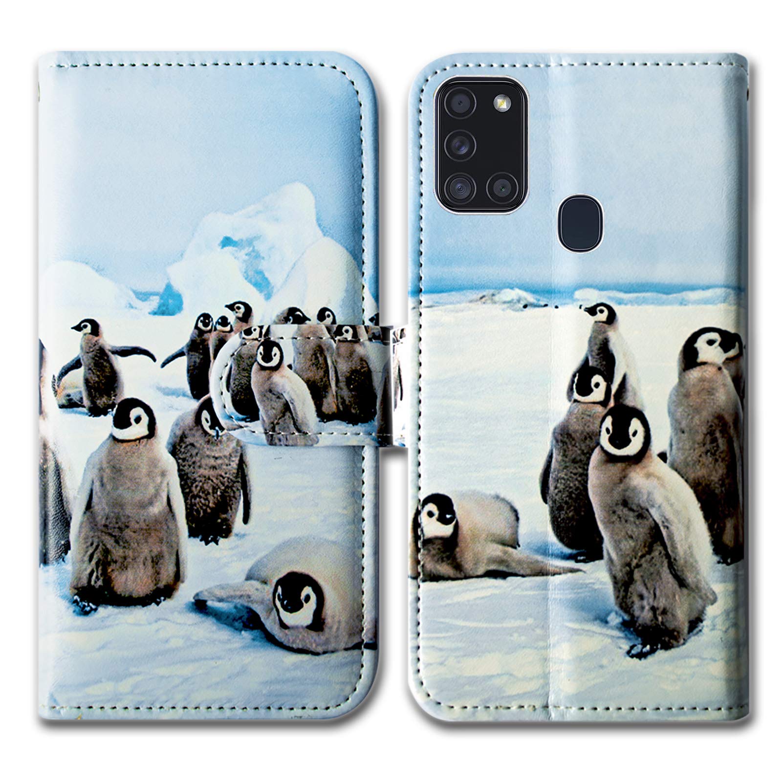 Bcov Galaxy A21s Case, Cute Playing Penguin Leather Flip Wallet Case Cover with Card Slot Holder Kickstand For Samsung Galaxy A21s