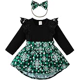 Guodeunh 1st Christmas Outfit Newborn Baby Girl Flutter Lace Long Sleeve Top Floral Skirt Bodysuit Xmas Dress Headband