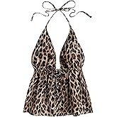 Milumia Women's Leopard Print Backless Halter Top Tie Front Split Hem Peplum Going Out Cami Tops