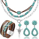 RechicGu Western Jewelry For Women Bohemian Turquoise Dangle Earrings Necklace Bracelet Set, Bullhead Pendant Layered Choker Boho Faux Leather Wristband Country Concert Cowgirl Accessories