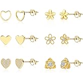 ALEXCRAFT Small Gold Stud Earrings - 6 Pairs Cute Heart Studs for Women - Cubic Zirconia - Hypoallergenic - Pack