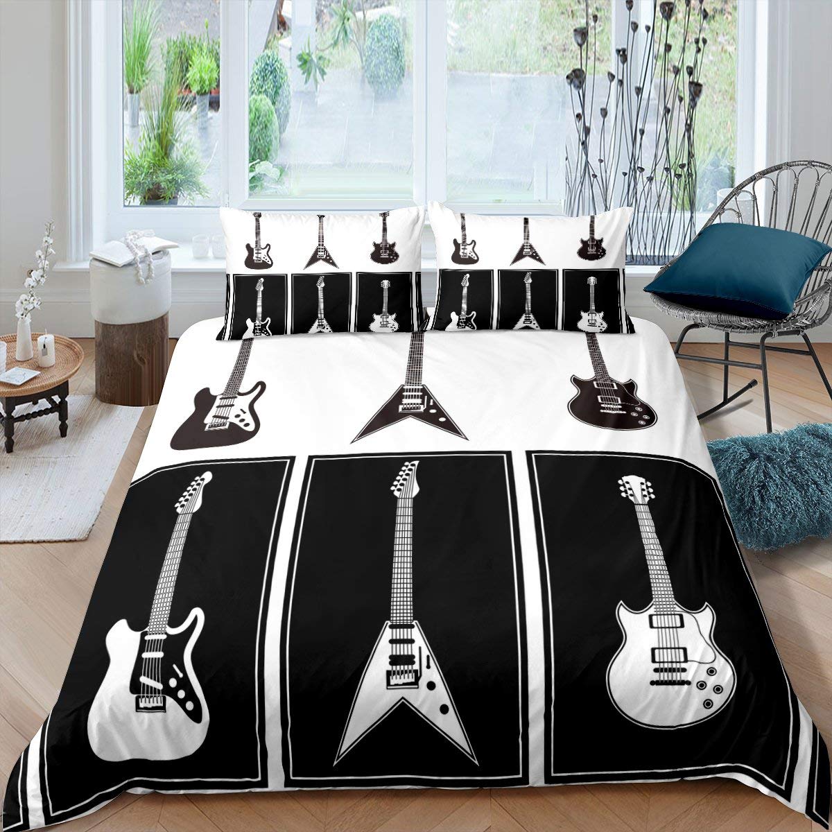 Guitar Duvet Cover Set Music Guitar Decor Bedding Set for Kids Boys Girls Rock Music Themed Comforter Cover Musical Instruments Black White Bedding & Linen Bedroom 3Pcs King Size — image 1