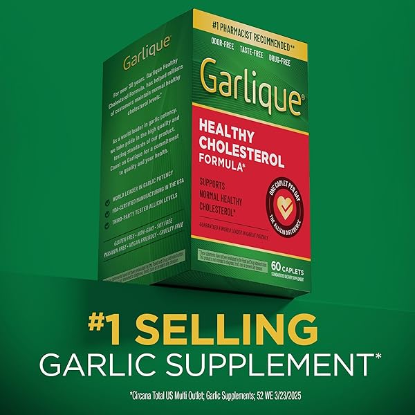 GARLIQUE GARLIC EXTRACT SUPPLEMENT, HEALTHY CHOLESTEROL FORMULA, ODORLESS & VEGAN, 60 CAPLETS