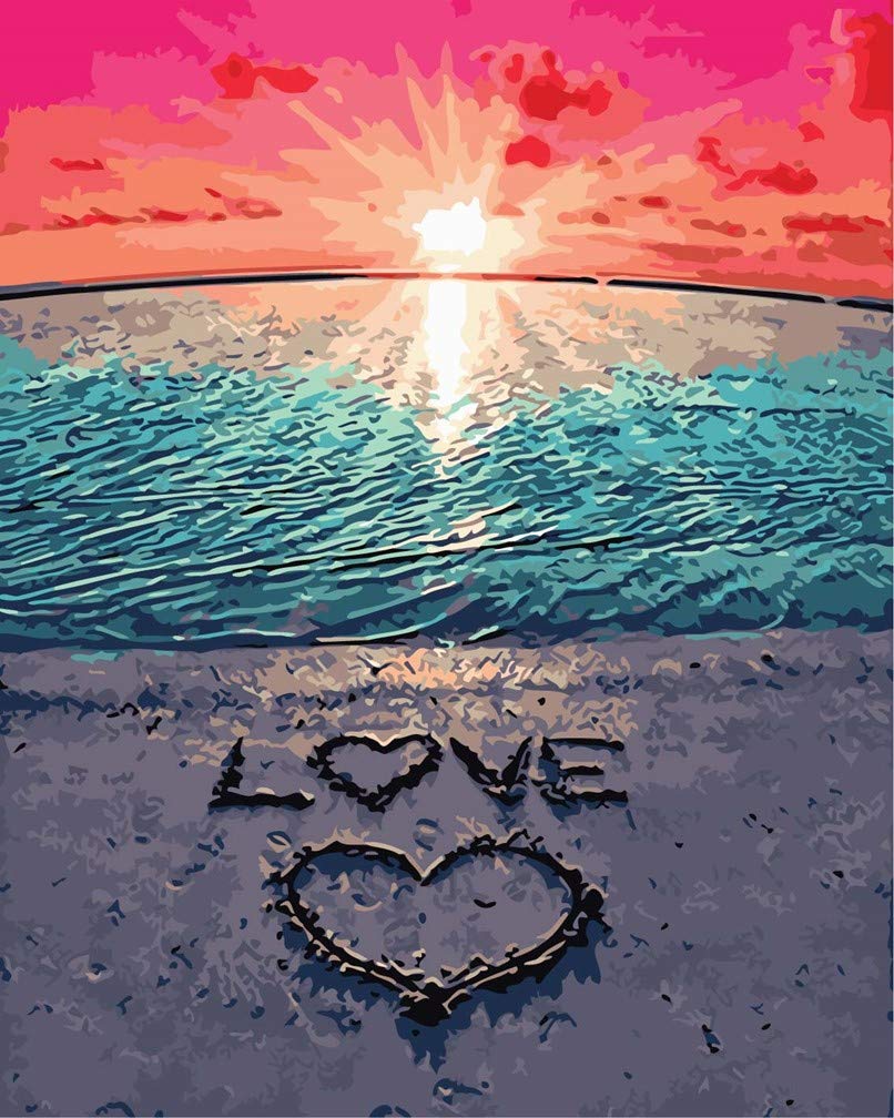 Awesocrafts Number Painting Kits, Love Sign on Beach, Sunset Ocean Paint by Number 16x20 inches for Adults and Kids (Beach, No Frame)
