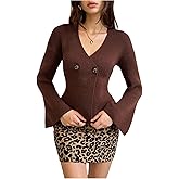OYOANGLE Women's Long Bell Sleeve Wrap V Neck Button Cardigan Sweater Work Dressy Knit Sweaters