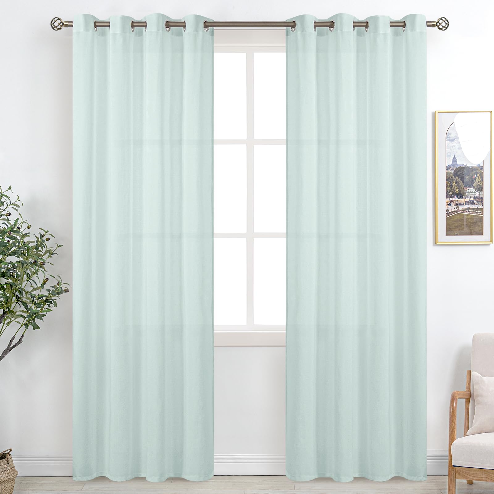 BGment Linen Look Semi Sheer Curtains for Bedroom, Grommet Light Filtering Casual Textured Privacy Curtains for Living Room, 2 Panels (Each 52 x 84 Inch, Light Green) Image