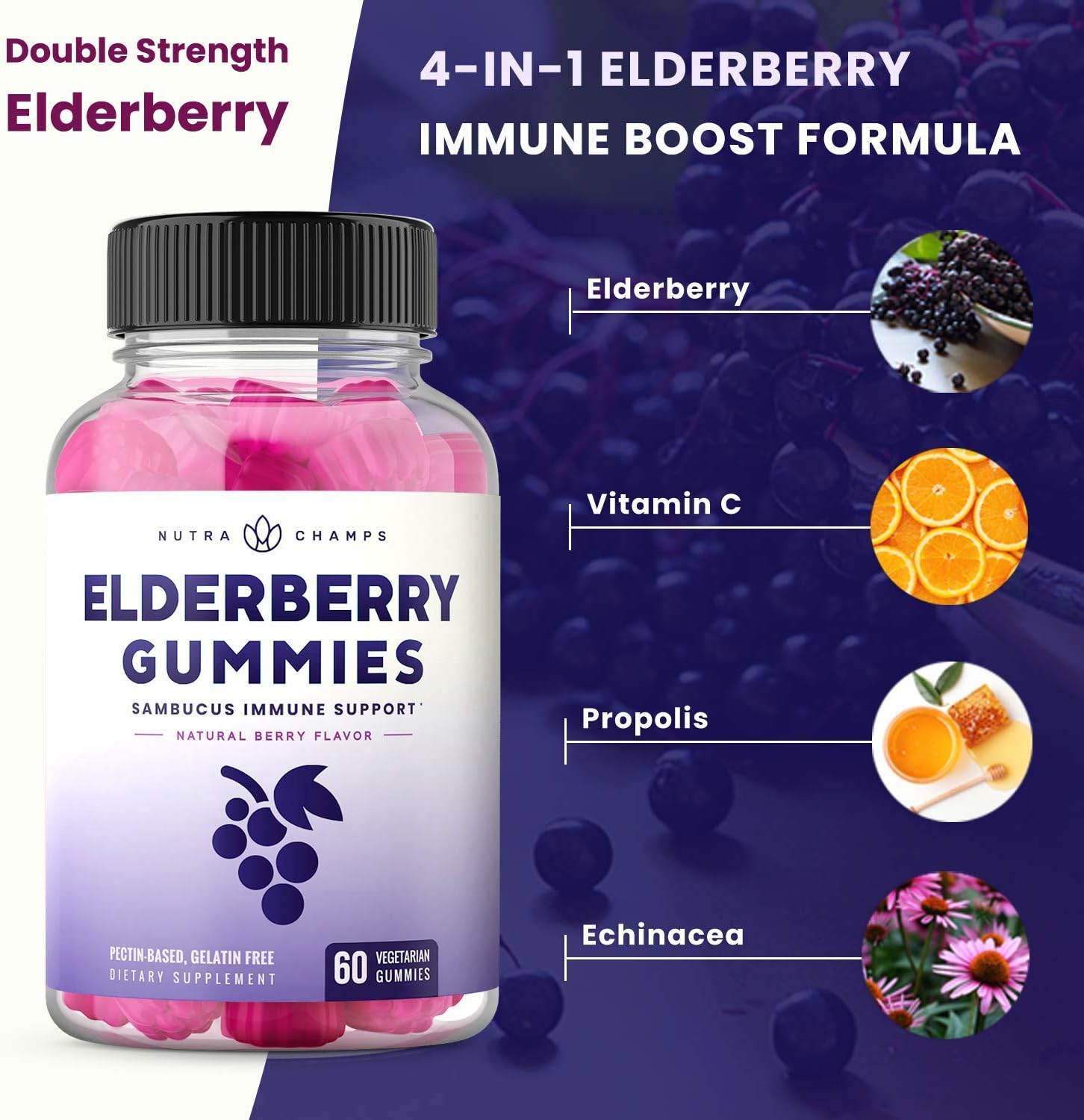 Elderberry Gummies for Kids & Adults [Double-Strength] Immune System Support - Sambucus Nigra Extract Antioxidant Supplement - 60 Vegetarian Gummy Vitamins: Health & Personal Care