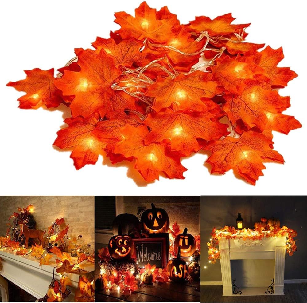 Thanksgiving Decorations Lighted Fall Garland, 20 LED Maple Leaf String Lights, Battery Powered Harvest Fall Garlands String Light, Perfect Decoration for Autumn Halloween Christmas (Warm White)