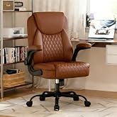 GTPLAYER Mid-Back Office Chair, Comfortable Chairs with Flip-up Arms, Brown | PU Leather, Ergonomic Back Support, Comfy Executive Chair for Home Office Gaming, Flexible Rocking