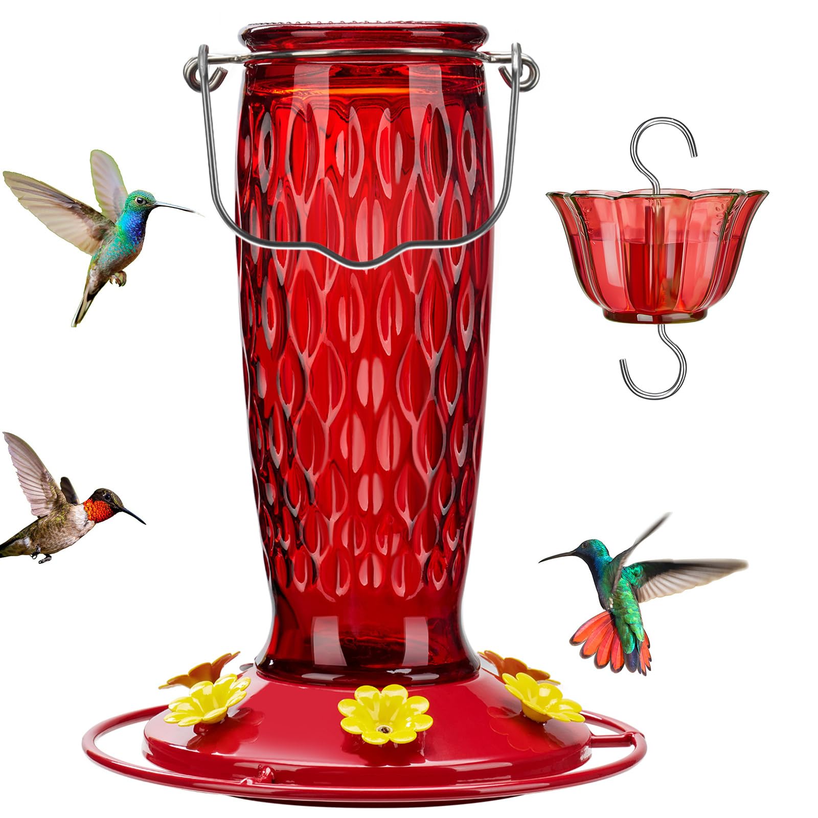 Photo 1 of Kingsyard Hummingbird Feeders for Outdoors Hanging, 24 Ounce, Glass Hummingbird Feeder with Ant Moat & 6 Bee Guard Feeding Ports, Leak-Proof, Red