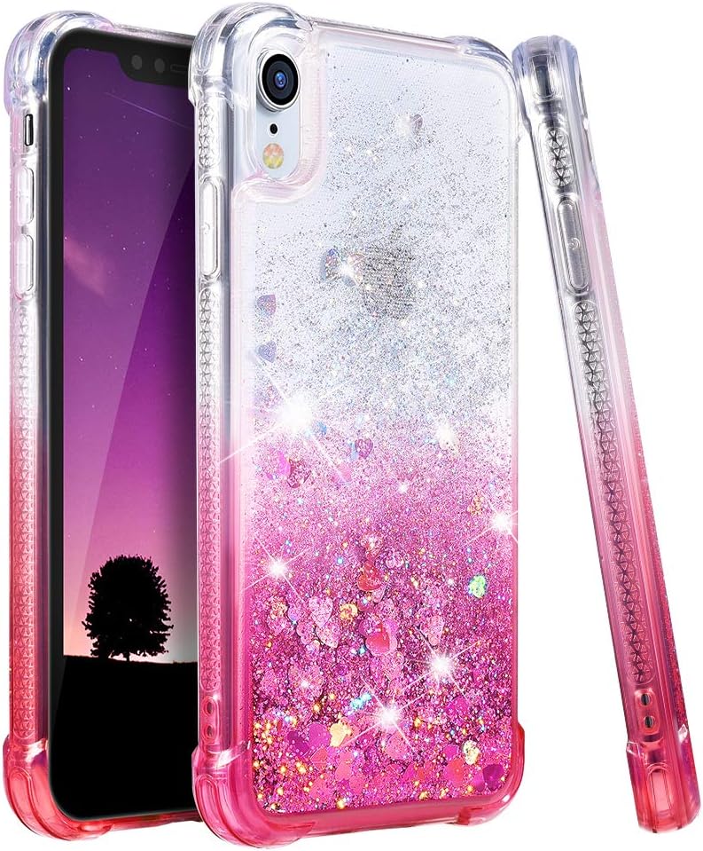 Ruky Case for iPhone XR Glitter Case, Gradient Quicksand Series TPU Bumper Cushion Reinforced Corners Protective Bling Liquid Girls Women Case for iPhone XR 6.1 inches, Gradient Pink