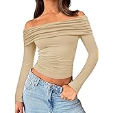 Trendy Queen Women Long Sleeve Shirts Off Shoulder Tops Going Out Crop Sexy Slim Fitted Y2K Fall Outfits 2026 Fashion Clothes