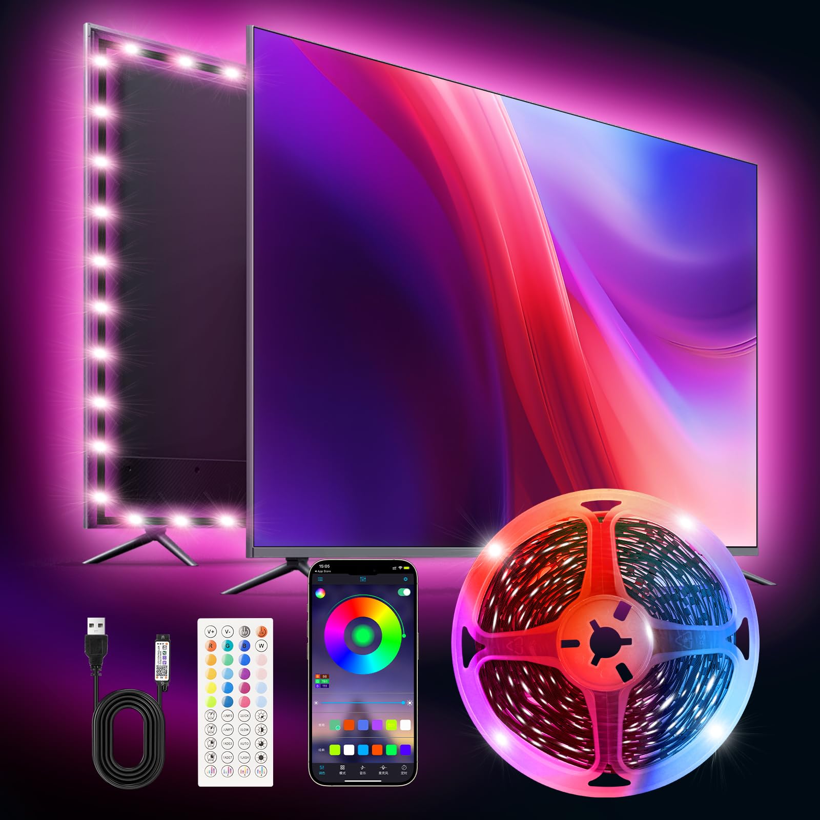 Photo 1 of LED TV Lights,16.4ft Smart RGB Strip for 45-75 Inch TVs, Music Sync Bluetooth App & Remote Control, USB-Powered LED Lights for Gaming, Bedroom, PC, Home Theater