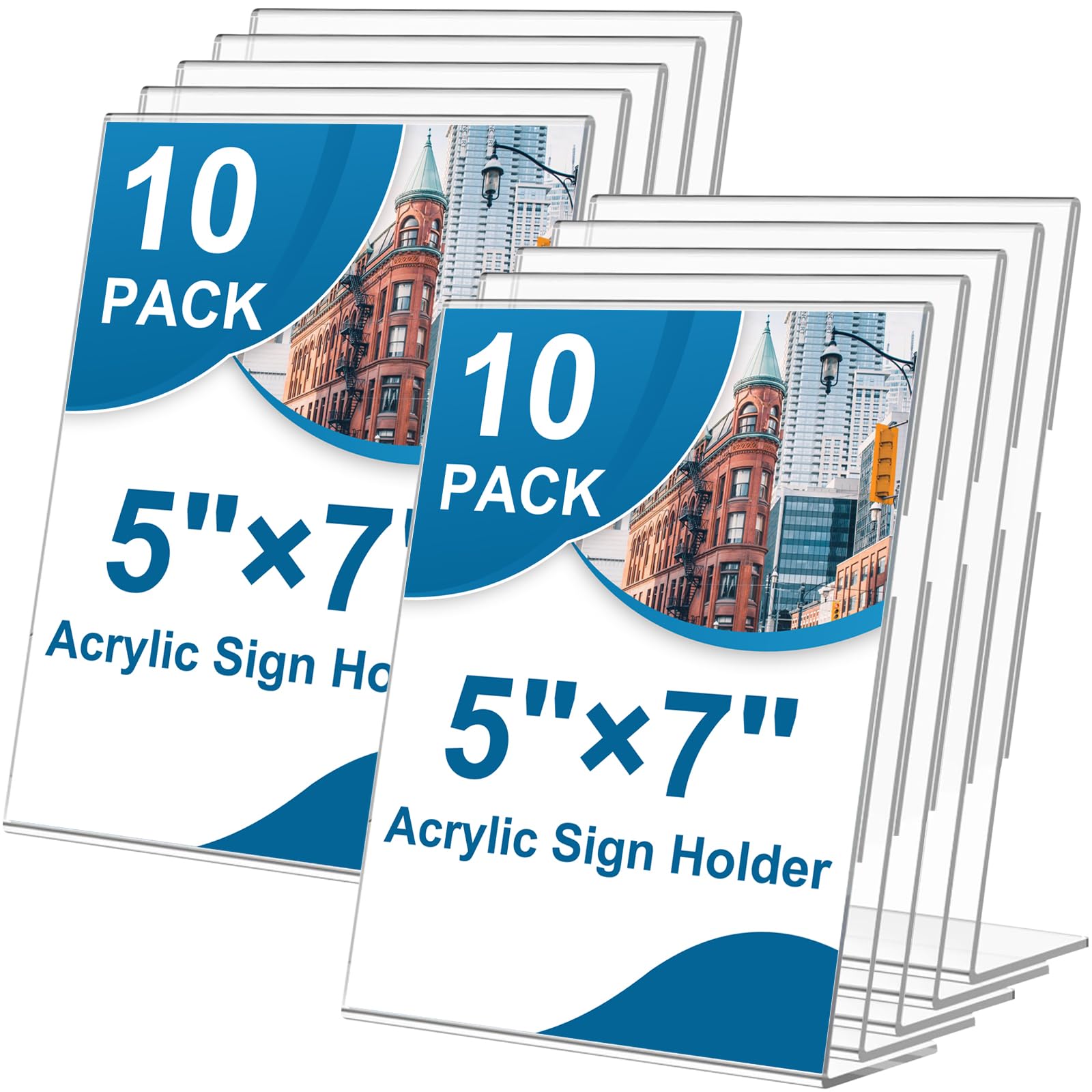 Photo 1 of 10 Pack Acrylic Sign Holder 5 x 7, L-Shape Clear Plastic Display Stand for Tabletop, Acrylic Stands for Flyers, Table Paper Holder, Vertical Sign Holder 5x7 for Restaurants, Office and School (Slant 10 Pack 5x7)