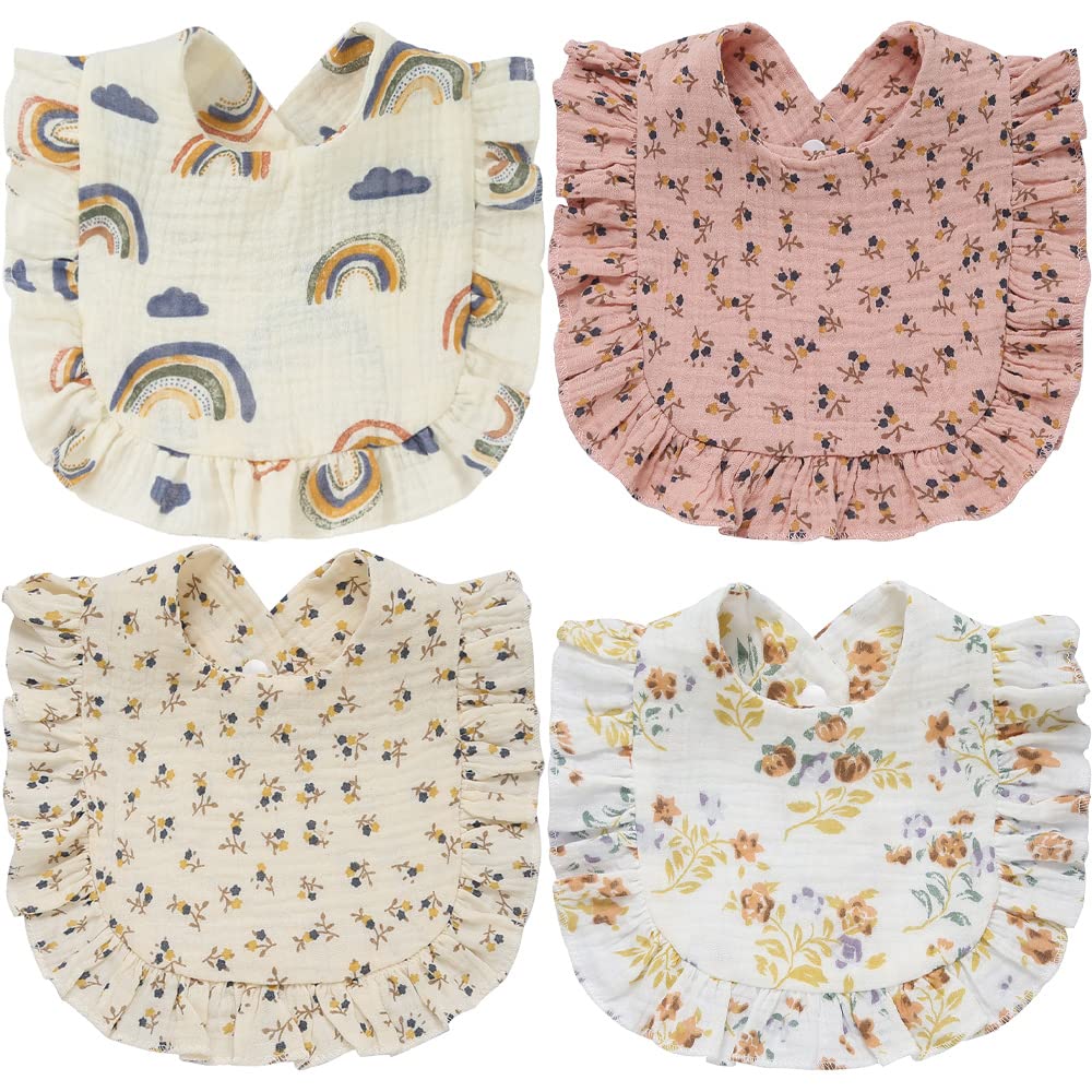 SZJIAHTM 4 Pack Of Newborn Toddler Soft Cotton Teething Bib Feeding Bib Ruffle Edge Adjustable Snap Dribble Infant Bibs For boys Girls